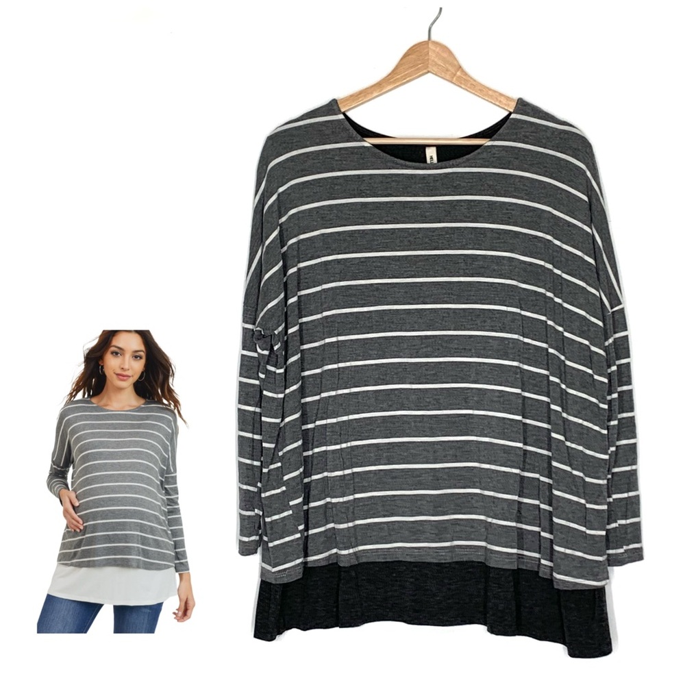 Hello MIZ Stripe Long Sleeve Double Layer Nursing Maternity Top Dark Gray Sz. XL